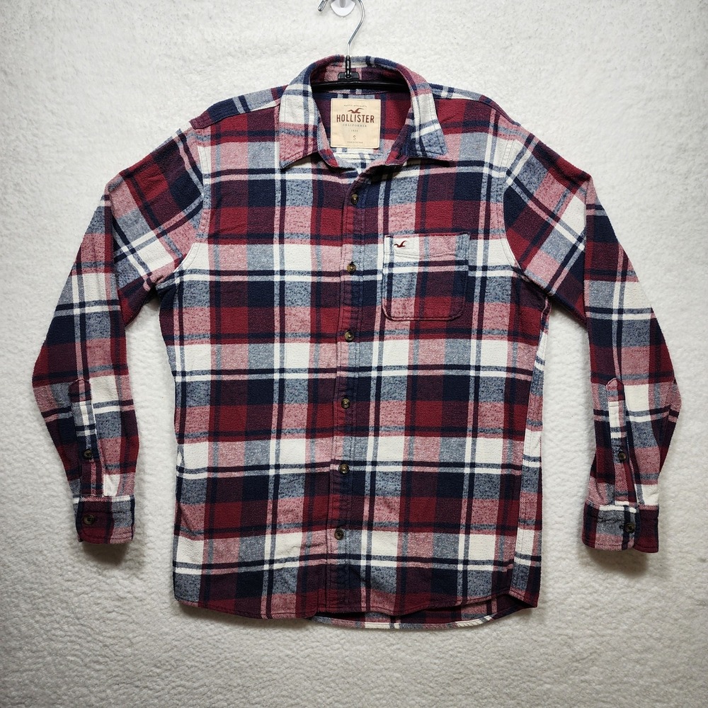 Hollister Womens Red Navy Blue Plaid Flannel Button Down Shirt Small 100% Cotton